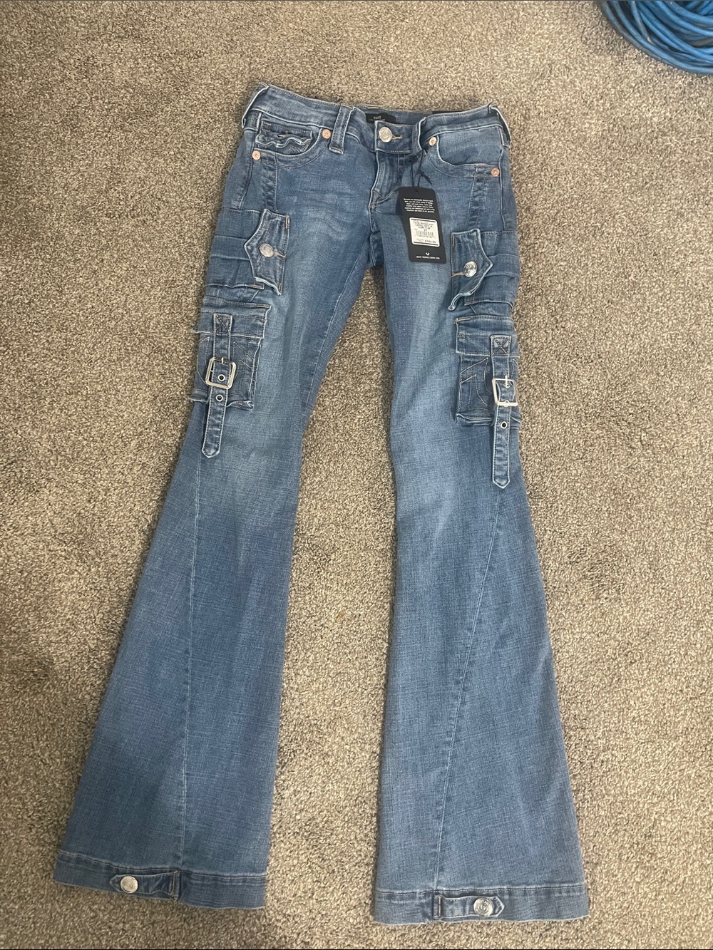 True Religion Blue Cargo Flare Jeans with Buckle Details